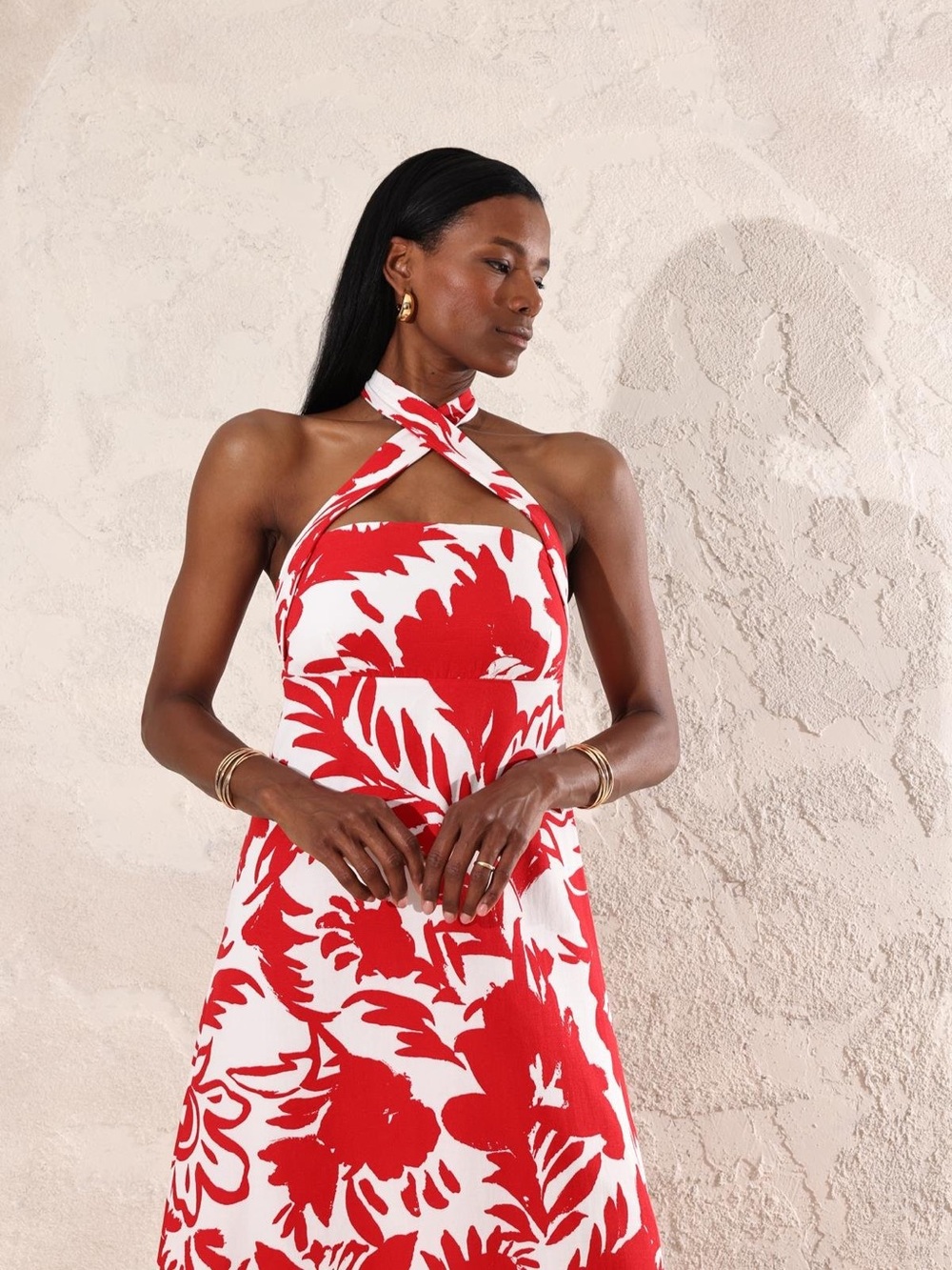 NWT Zara Printed Halter Midi Dress Red Tropical Floral Size L - Picture 4 of 15